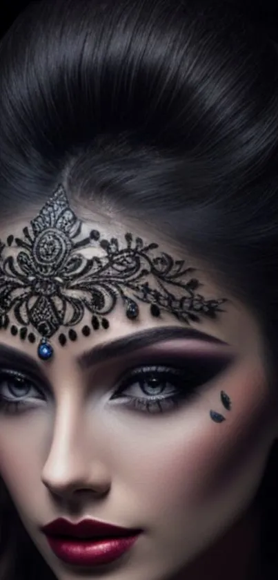 Ornate face design with striking makeup on elegant wallpaper.