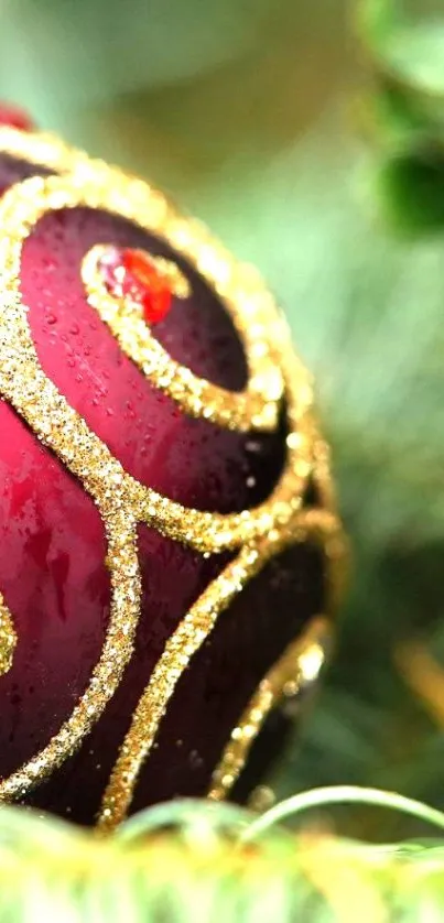 Close-up of a festive Christmas ornament with gold glitter and red hues.