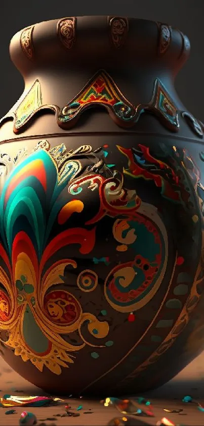 Ornately designed clay vase with vibrant colors on a dark background.