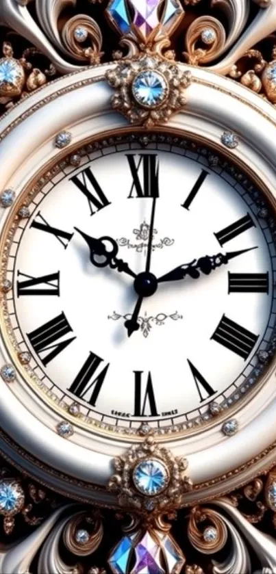 Ornate clock face with gemstones and Roman numerals on elegant wallpaper.