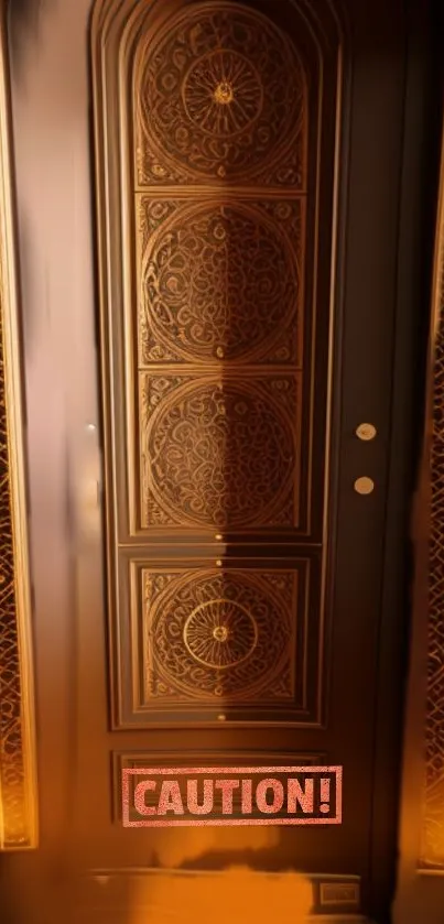 Elegant ornate door with caution sign wallpaper, rich in golden brown tones.