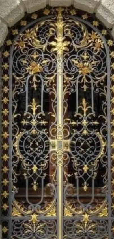 Intricate ornate door with gold accents and decorative metalwork.