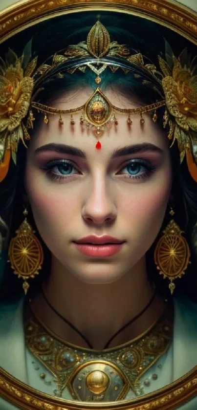 Elegant fantasy portrait with ornate golden headdress and vibrant colors, perfect for wallpaper.