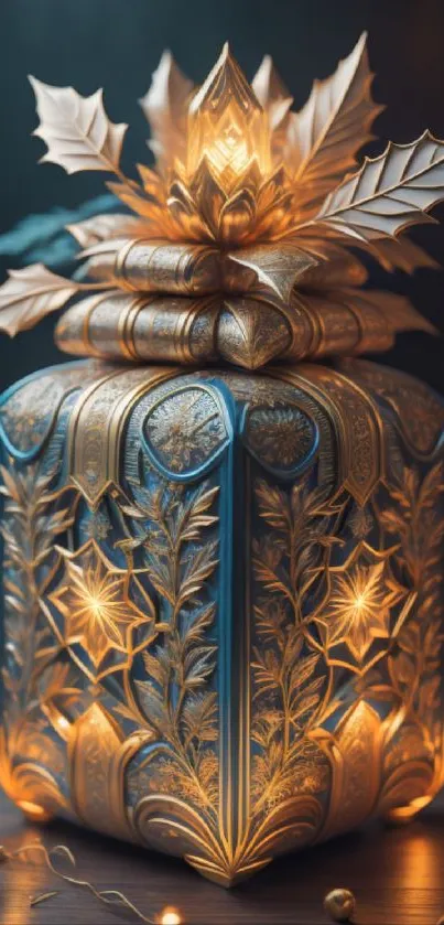 Ornate gift box with glowing gold patterns and leaves.