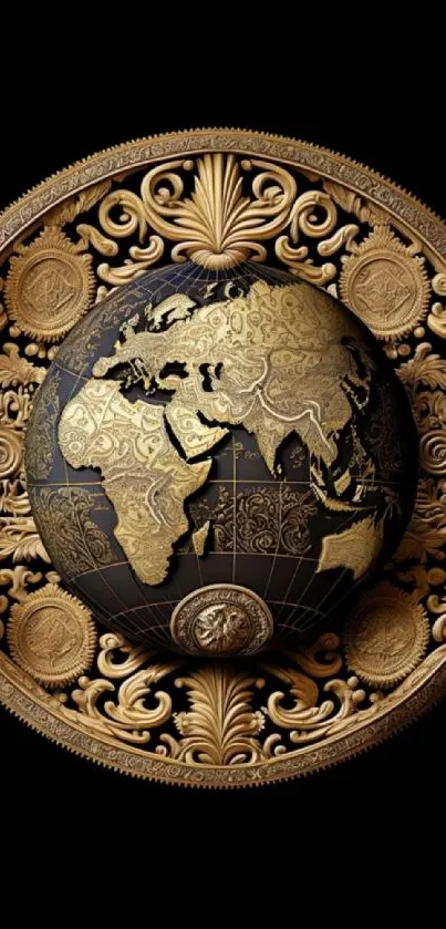 Ornate gold globe design on a black background, creating an elegant mobile wallpaper.