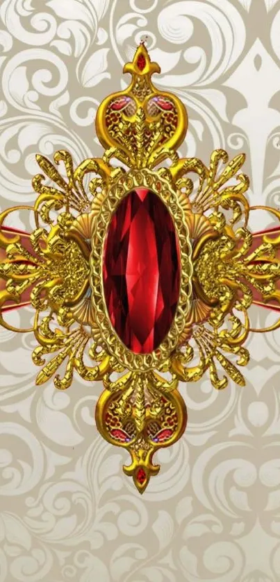 Luxurious mobile wallpaper with gold patterns and central red jewel.