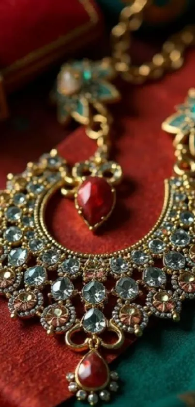 Ornate gold jewelry with red and blue stones.