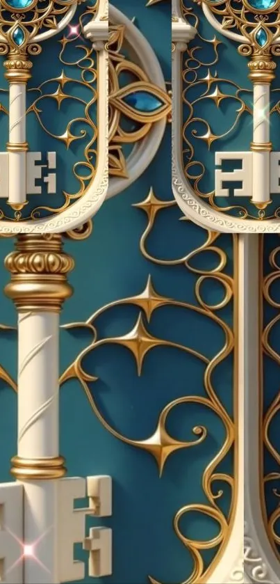 Intricate golden keys on blue background.