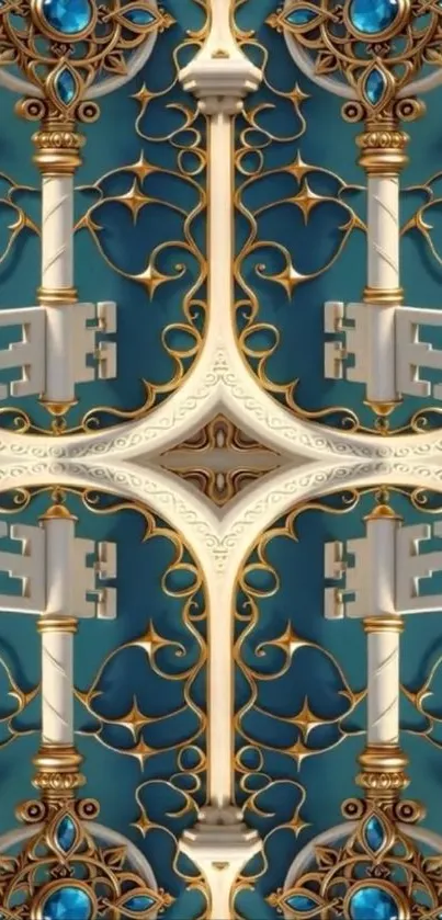 Ornate key design with intricate patterns and teal background.
