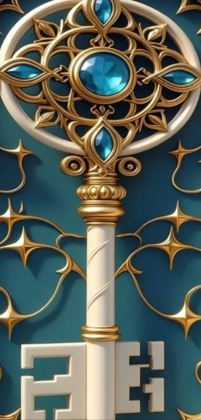 Ornate key with teal and gold design, elegant and decorative.