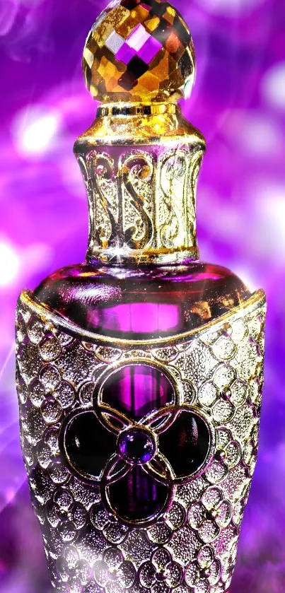 Ornate perfume bottle with purple glow and golden details.