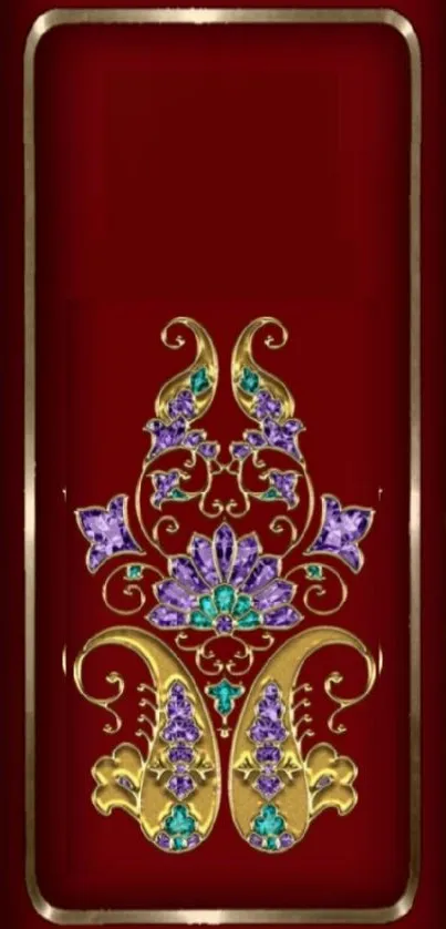 Red wallpaper with intricate gold and purple ornamentation.