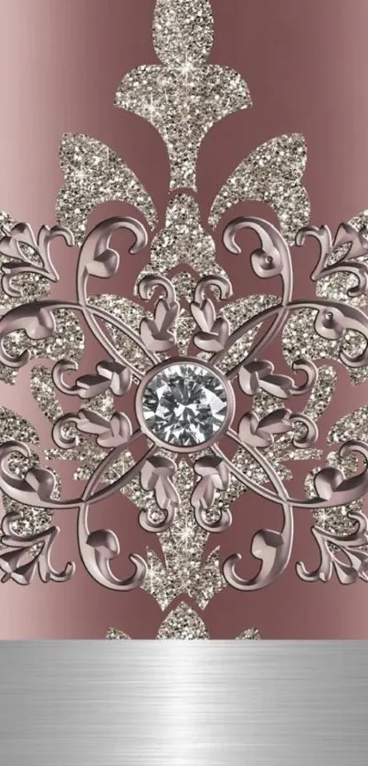 Elegant rose gold wallpaper with ornate silver design.