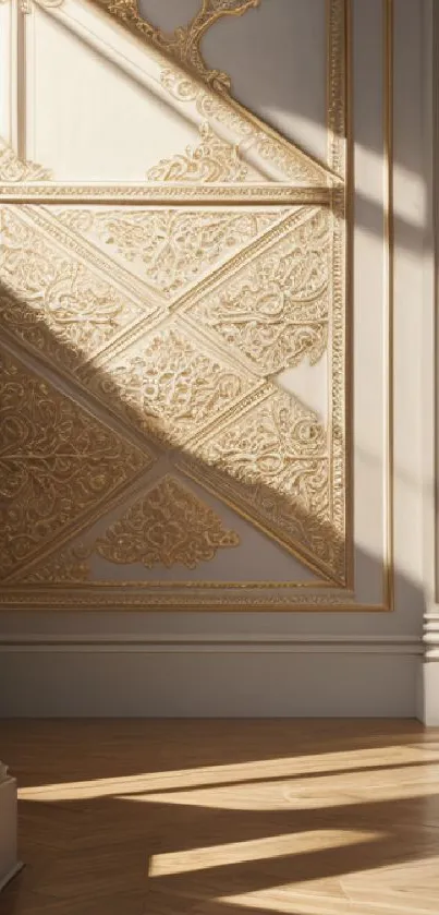 Luxurious ornate wall with golden accents in soft sunlight.