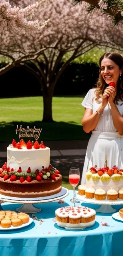 Birthday celebration outdoors with cakes and a woman smiling in a garden.