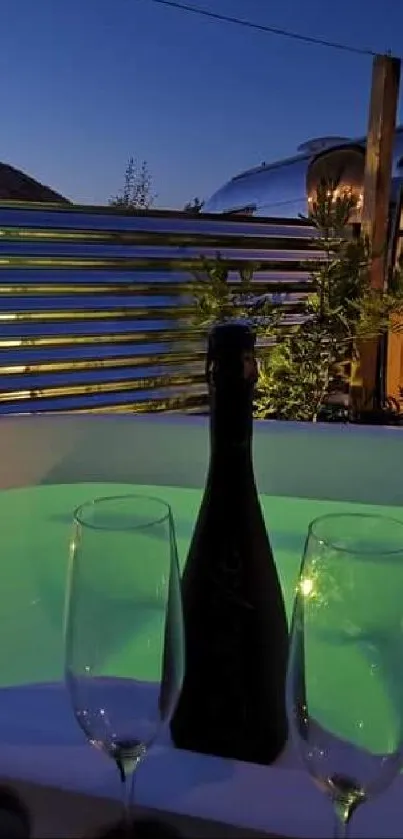 Evening relaxation in an outdoor hot tub with champagne.