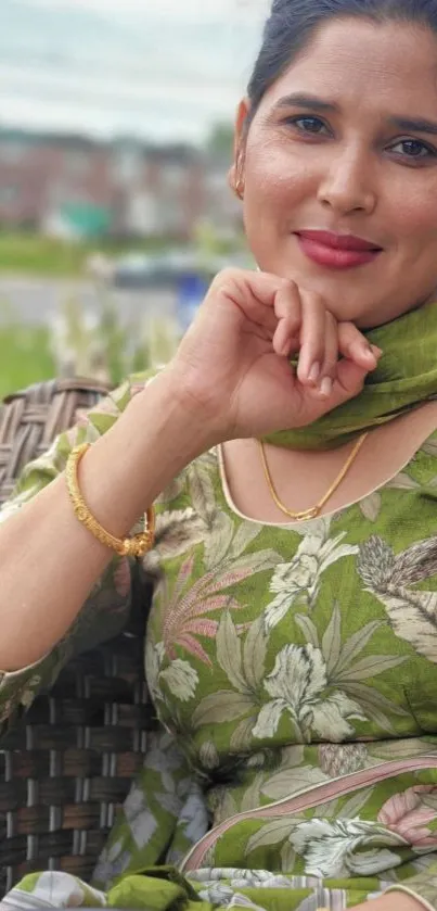 Woman in green floral dress sitting outdoors, smiling.