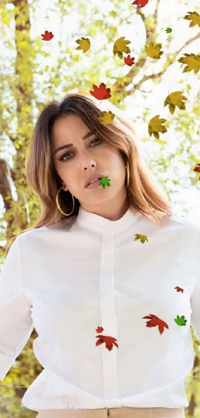 Portrait of a woman standing outdoors with a green nature background.