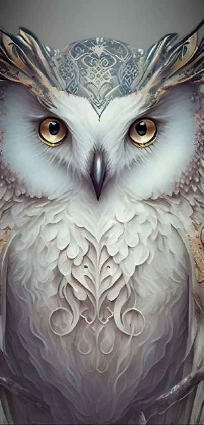 Intricate owl art with detailed feather design in gray tones.