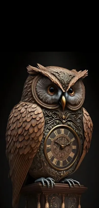 Intricate owl clock design in brown tones on a mobile wallpaper.