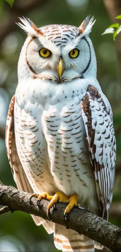 Elegant owl perched on a tree branch in a green forest setting.