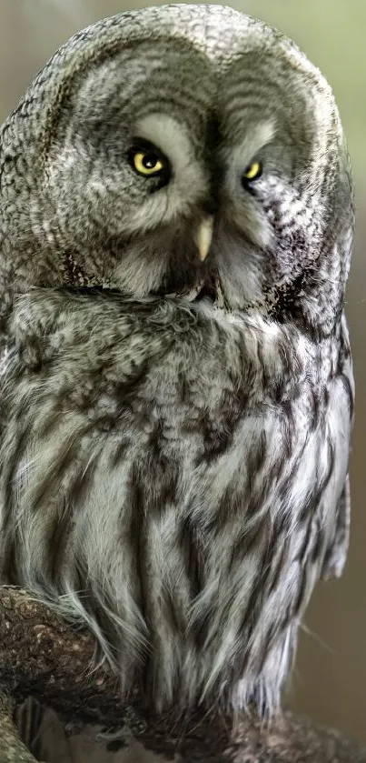 Gray owl perched on a branch in nature.