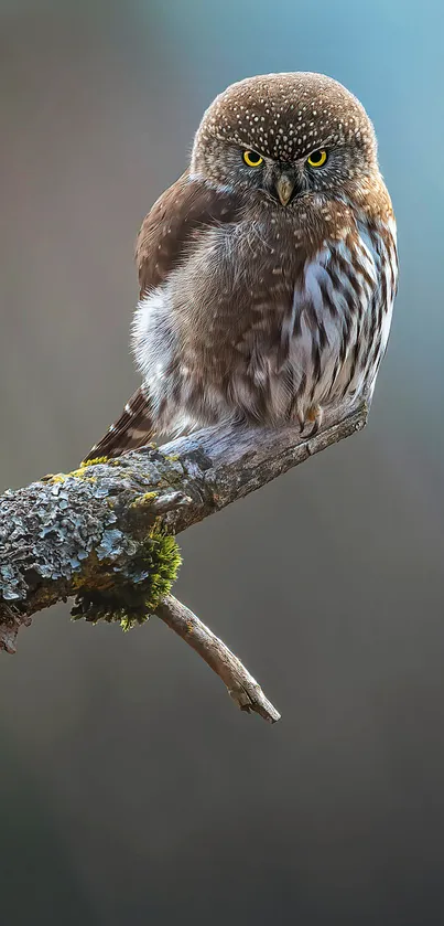 Owl perching on branch with blurred background.