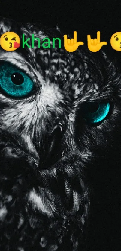 Dark themed owl wallpaper with teal eyes and emojis.