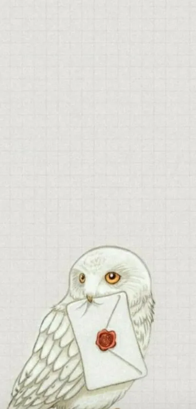 Cartoon owl holding a letter with a wax seal on a light gray background.