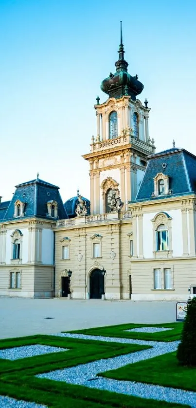 Elegant palace with blue sky above in scenic wallpaper.