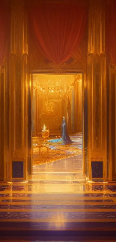 Luxurious palace corridor wallpaper with golden lighting and chandeliers.