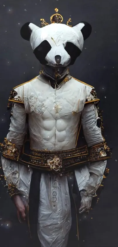 Regal panda warrior in white and gold outfit on dark background.