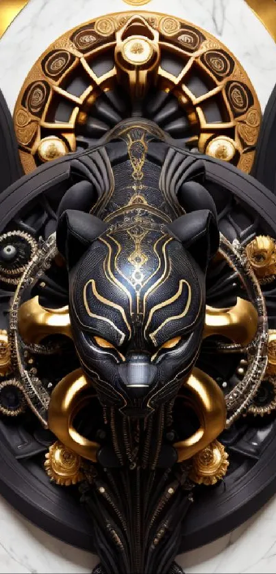 Majestic black panther with golden gears in Art Deco style on marble background.