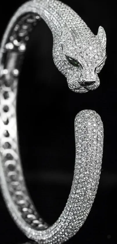 Luxurious diamond panther bracelet on a black background.