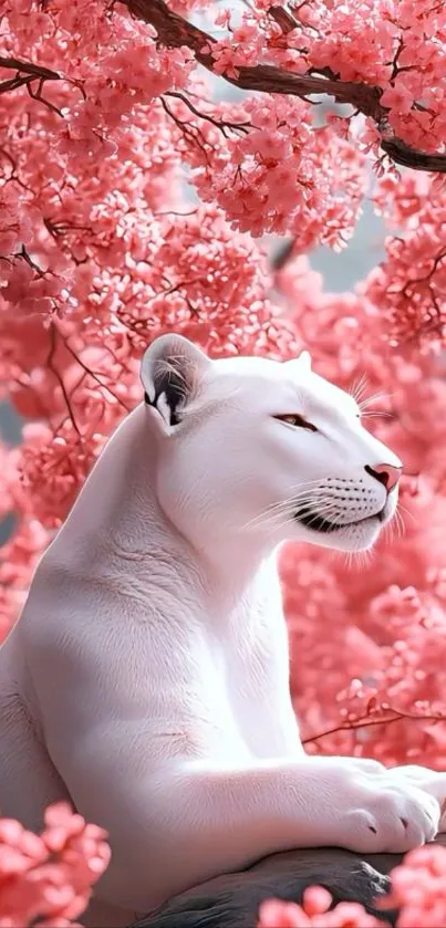 White panther among cherry blossoms, elegant nature wallpaper.