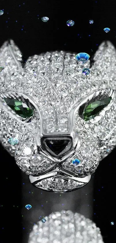 Sparkling diamond panther ring on black background.