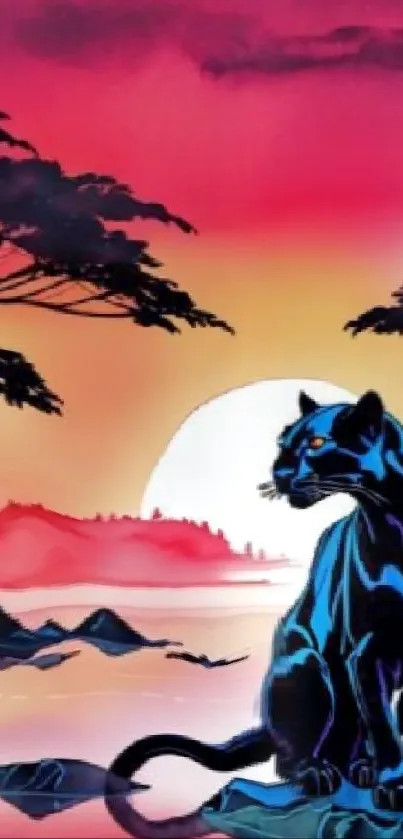 Panther sitting by a colorful sunset, with vibrant hues in the background.