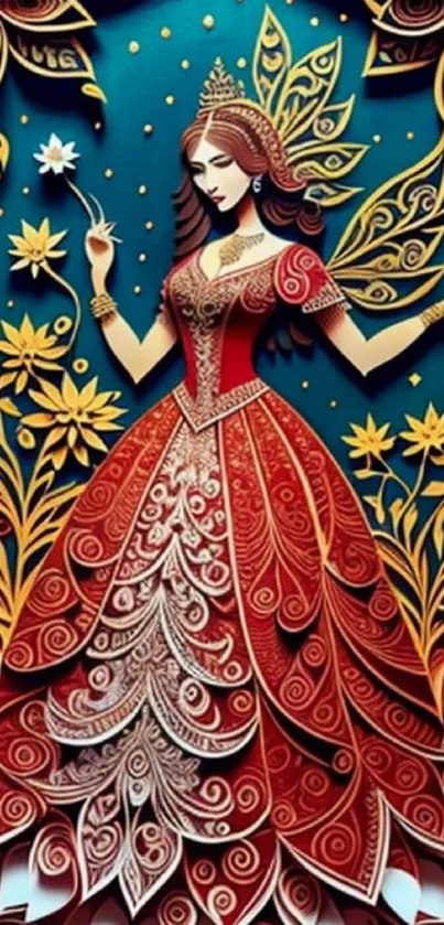 Intricate paper art with lady in red dress and floral motifs.