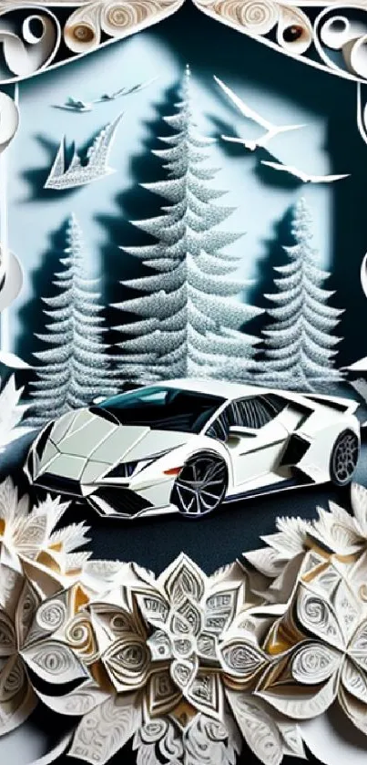 Intricate paper art with sports car and winter theme on mobile wallpaper.