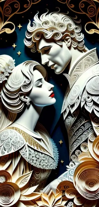 Romantic couple in paper art style with intricate patterns and gold hues.