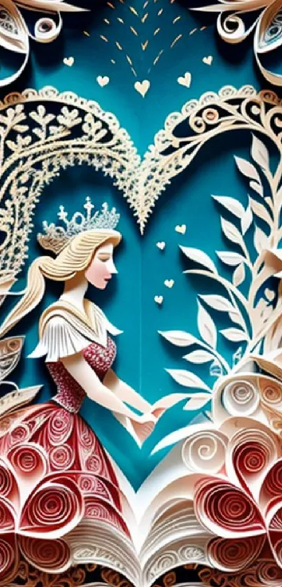 Elegant paper art wallpaper with a princess and floral design in teal tones.