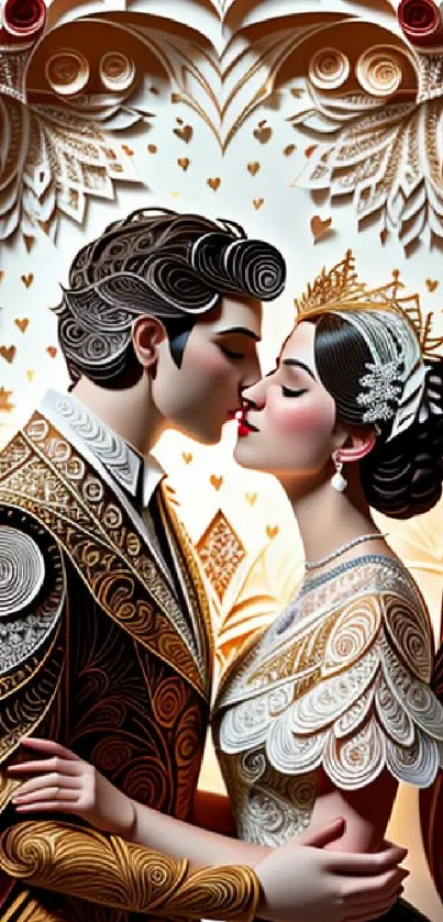 Intricate paper art of romantic couple kissing with elegant design.