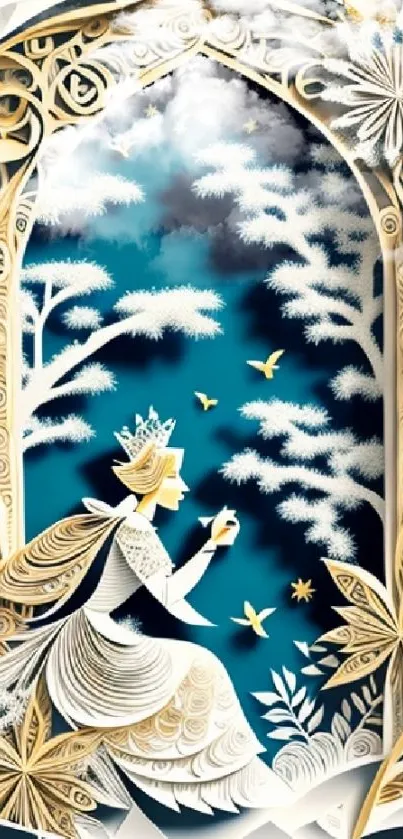 Intricate paper cut art featuring a blue-themed fantasy scene.