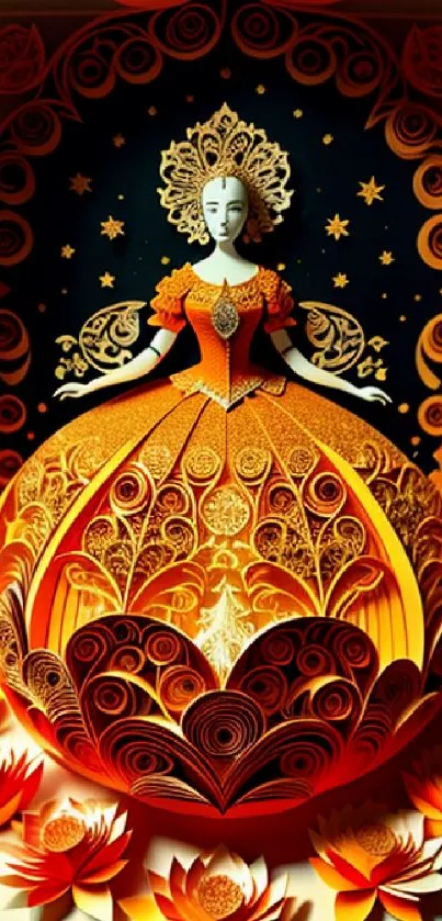 Intricate orange papercraft wallpaper with elegant princess design.