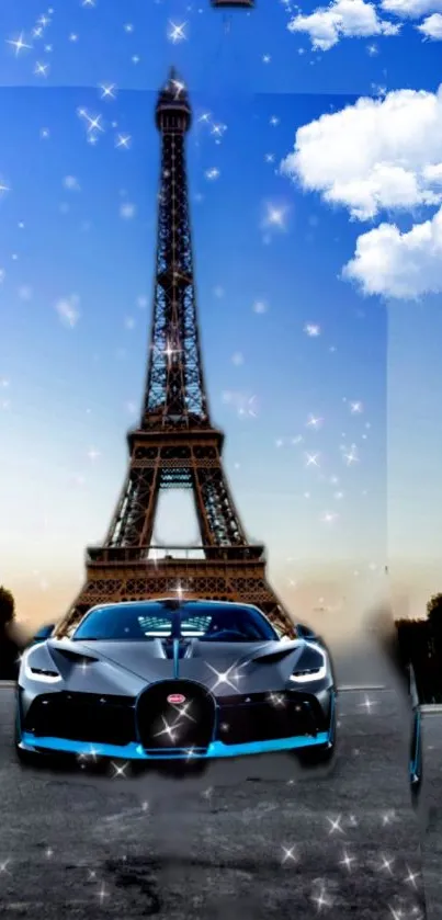 Luxury car with Eiffel Tower under starry sky.