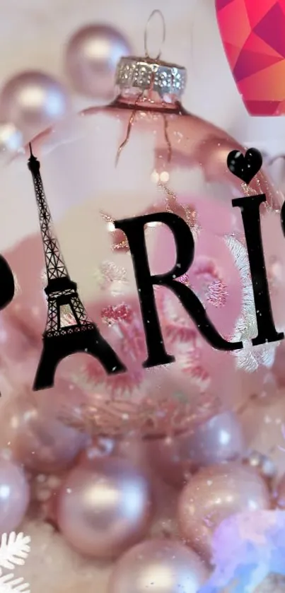 Paris-themed holiday mobile wallpaper with pink ornaments.