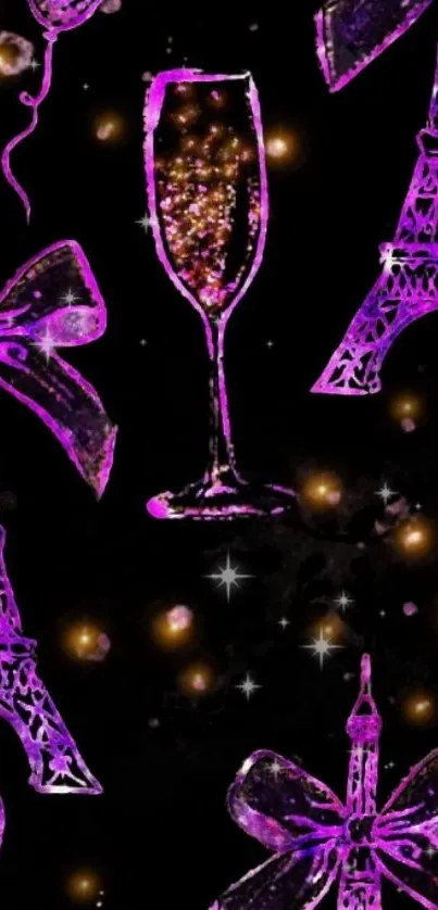 Purple Eiffel Tower and Champagne wallpaper with a dark background.