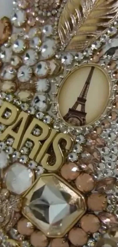 Paris-themed elegant rhinestone phone wallpaper with gold accents.