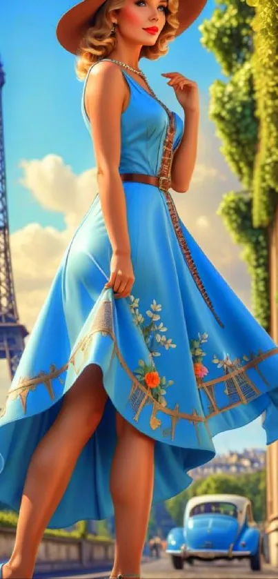 Elegant woman in blue dress by Eiffel Tower, Paris wallpaper.