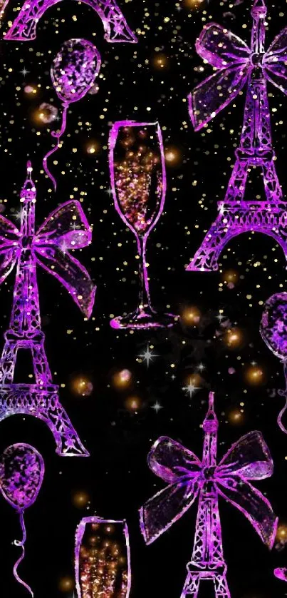 Chic purple Eiffel Tower pattern against a dark background with stars.